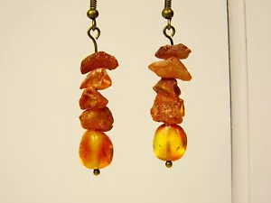 Raw Baltic Amber Dangle Drop Earrings Brown Unpolished Natural Genuine 0996 - Picture 1 of 11