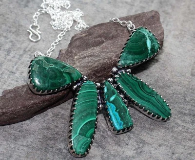 Collar Chrysocolla Malaquita 925 Chapado en Plata 22" Joyería Estética MJ Foto 1 de 3