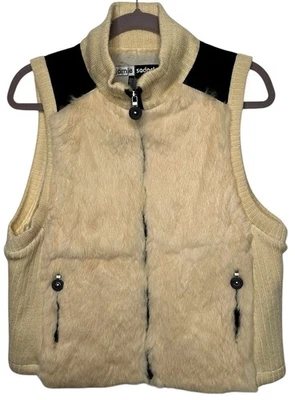 Jamie Sadock кроличий мех и вязаный свитер жилет Sz L слоновой кости полный молнии карманы с подкладкой - Изображение 1 из 4