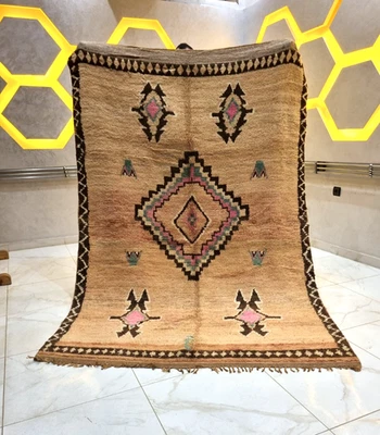 Hand-Knotted Moroccan Boujad Rug – Vintage Berber Wool Carpet –Sand Beige –5x8Ft - image 1 of 4