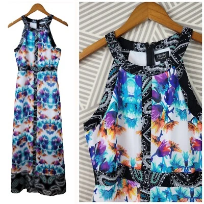 Nicole Miller Size 6 Dress Layered Sheath party Long Maxi Floral Blue Purple - Image 1 of 4