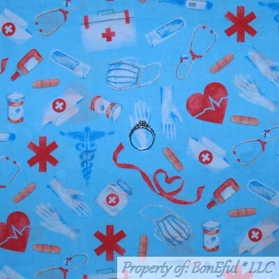 BonEful Fabric FQ Cotton Quilt Blue White Red Dr Nurse Medical RN Heart Bag Mask - Image 1 of 4