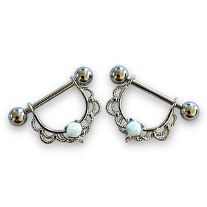14g Pair Faux Opal Dangle Filigree Dangle Nipple Rings - Picture 1 of 3