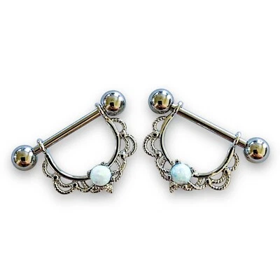 Пара филигранных подвесных колец для сосков с искусственным опалом 14 г - Изображение 1 из 3