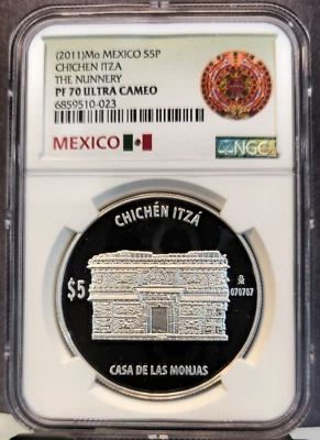 2011 MEXICO SILVER 5 PESOS CHICHEN ITZA THE NUNNERY NGC PF 70 ULTRA CAMEO RARE - Image 1 of 3
