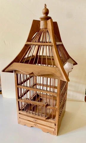 Vintage Victorian Pagoda Style Domed Wood Hanging Bird Cage Cover
