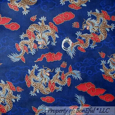 BonEful FABRIC FQ Cotton Quilt VTG Blue Red Gold Dragon Cloud Asian Chinese Doll - Image 1 of 4