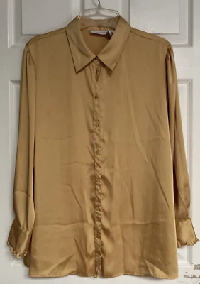 JACLYN SMITH Yellow Gold Button Up Ruffle Sleeve End Collared Silk-Like Top 20W - Image 1 of 4