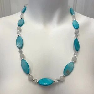 Handmade Necklace Turquoise Shell, Snow Quartz and Clear Glass Beads Silver Tone - Picture 1 of 4