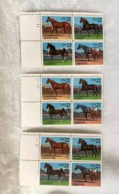 1985 US Postage Stamp American Horses 3 Plate Block Of 4 22c Scott #2155-2158 - Image 1 of 4