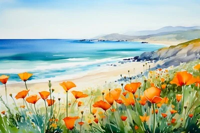 California poppy print watercolor art wildflower coastal painting floral poster - Image 1 of 4
