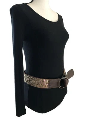 Old Navy Women's Belt Brown Gold Small Leather Sequins Wide Boho Jeans D Ring - Image 1 of 4