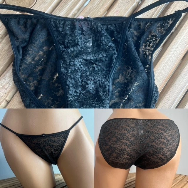 VINTAGE VICTORIAS SECRET BLACK LACE STRING BIKINI PANTIES sz S - Image 1 of 1