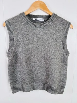 Chaleco Suéter Zara Gris Sin Mangas Mezcla Lana Talla Mediana Tejido Preppy Foto 1 de 4