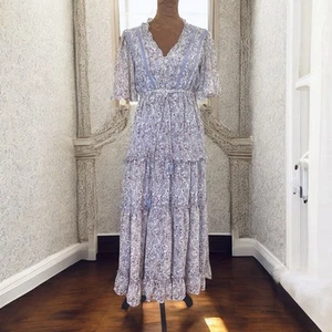 In Loom Blue Floral Tiered Flutter Sleeve Midi Dress S Dutton Cottagecore Boho - Picture 1 of 16