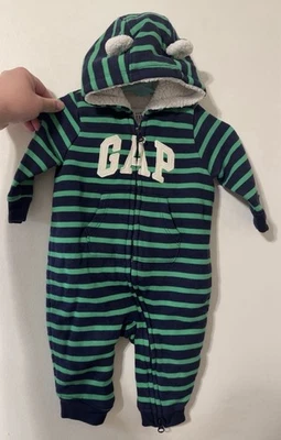Baby GAP 3-6 Months Sherpa Full Zip Bear One Piece Boys Green & Black Stripes - Image 1 of 4