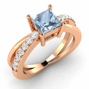 CERTIFIED 0.77 Ctw Princess Cut Aquamarine and Diamond Ring in 14k Rose Gold - Picture 1 of 4