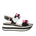 JANET SPORT women shoes Black leather wedge sandal with decorative flowers