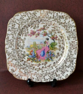 Vintage Hollinshead Kirkham HK Tunstall Plate Gold Chintz Woman Girl Pink Dress - Bild 1 von 10