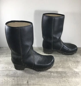 Black Leather Wool Lined Wooden Block Heel Pull-On Mens Boots Size 10 Vintage - Picture 1 of 10