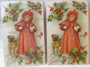 Set of 2~Antique 1909 Christmas Postcards~Victorian Girl w/Snowballs & Bulldog - Picture 1 of 6