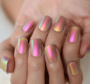 24 Desert Glow Short Matte Chrome Holographic iridescent Press on nails glue on - Bild 1 von 6