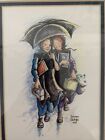 Freiman Stoltzfus Artwork Framed Print 1993 Amish Girls Umbrella 9.5" By 11.5"