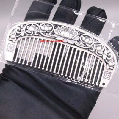 Solid 999 Fine Silver Cute Comb With Lotus Flower Pattern Portable Comb 3.89" L - Image 1 of 4