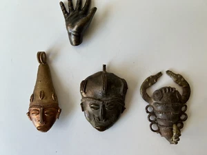 African old tribal bronze set small masks sculpture figures africa - Picture 1 of 12