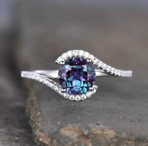 14K White Gold Plated Color Changing Alexandrite Bridal Engagement Wedding Ring