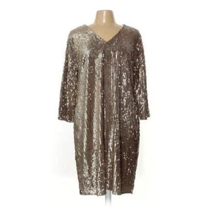 NUEVO CON ETIQUETAS NUEVO VESTIDO ALFANI 12 DORADO CHAMPAGNE BRN LENTEJUELAS TERCIOPELO CREMALLERA 42" BUSTO L M - Imagen 1 de 5