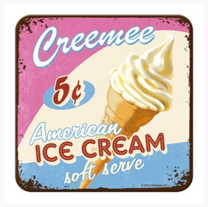 Retro Metal Coaster ICE CREAM 'Creemee 5c' 9cmx9cm cork base 1950's Diner Style - Picture 1 of 2