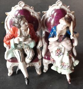Paire de statuettes anciennes porcelaine de capodimonte Marquise La conversation