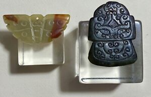 2 Old Chinese Jade Pendants Black Meteorite + Green Orange Butterfly Bat Themes