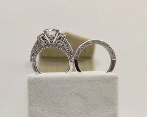 Vintage 2.20 Ct White Round Cubic Zirconia Wedding Ring Set - Picture 1 of 5