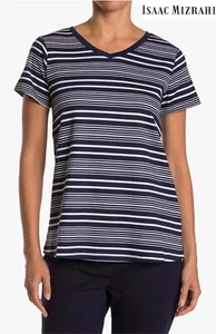 ISAAC MIZRANI NWT $68 V-NECK S/S COTTON VARIED STRIPE CLASSIC NAVY TEE. SZ S - Picture 1 of 10