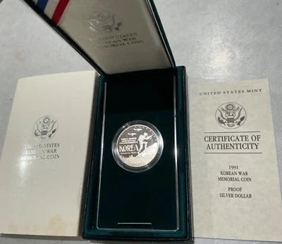 Korean War Memorial Commemorative Dollar 1991 P Proof Silver OGP COA - Image 1 of 3