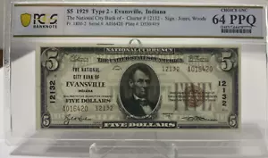 1929 EVANSVILLE, INDIANA 5 $ National City Bank of Evansville TYP 2 PCGS 64 PPQ - Bild 1 von 2