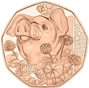 Moneda de Austria 5€ 2023 UNC Cerdo de la Suerte Cerdo Animal Cerdo Gehatt Año Nuevo - Imagen 1 de 3