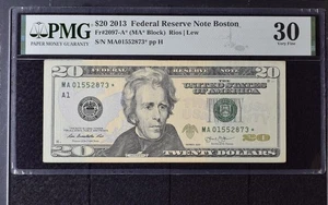2013 $20 Federal Reserve Note Boston Dollar Bill - Fr#2097-A* - PMG Graded 30 - Picture 1 of 2