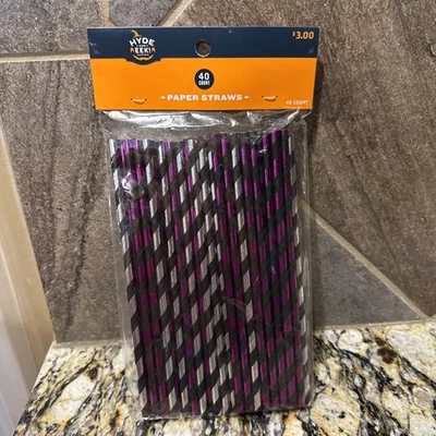 Target Halloween Hyde & Eek 40 Purple Sliver Black Striped Paper Straws 2019 - Image 1 of 4