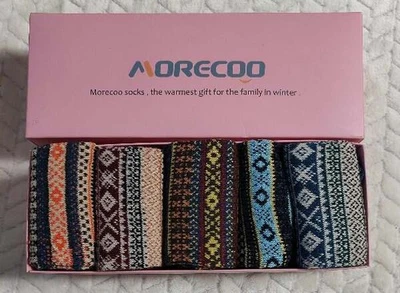 Morecoo Mujer Caja de Regalo Calcetines Cálidos Gruesos Algodón Lana Invierno Rayas Crew 5 Pares Foto 1 de 4