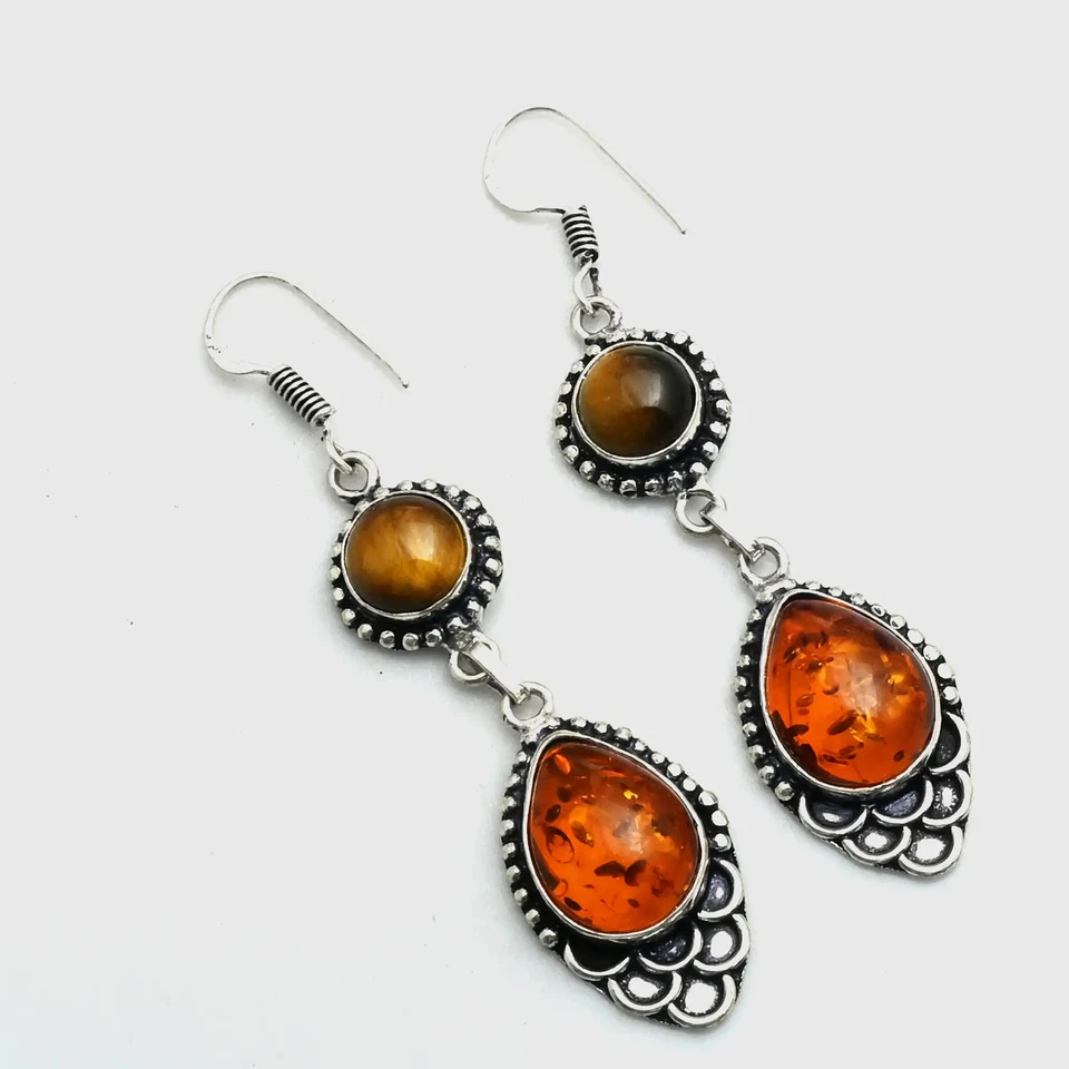 Pendientes colgantes ámbar ojo de tigre piedras preciosas hechos a mano joyería 2,2" AE-11755 Foto 1 de 1
