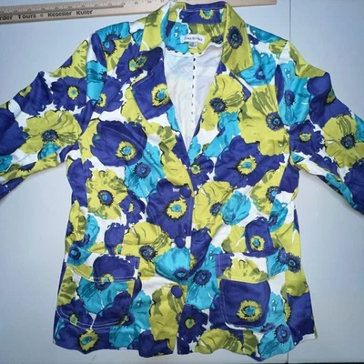 Joan Rivers Blazer Jacket Size 12 Blue Green White Floral 3/4 Sleeve Pockets - Image 1 of 4