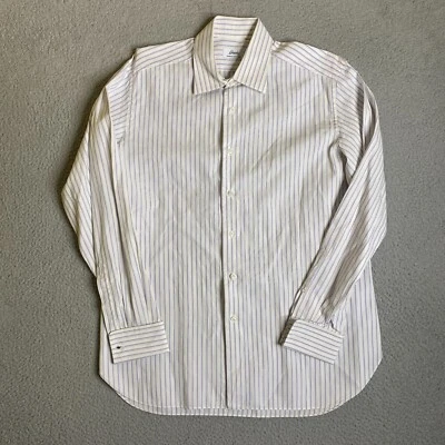 Brioni Shirt Mens 16 41 White Purple Striped French Cuff Button Up Italy Barneys - Image 1 of 4