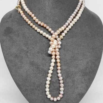 49"  Popular 6-7mm South Sea White Pink Multicolor Pearl Necklace 14k Gold P - Image 1 of 4