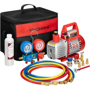 AC Manifold Gauge Set Combo 3.5 CFM 1/4HP Air Vacuum Pump HVAC + Thermometer - Picture 1 of 14
