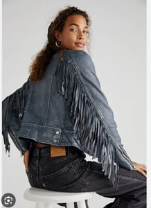 Chaqueta de Cuero con Flecos Free People x Mauritius Zoe Envejecida Marina Talla L - Imagen 1 de 7