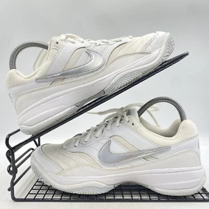 Nike Court Lite White Silver Trainers Size UK 4 Womens Leather Gym Tennis Run - Picture 1 of 7