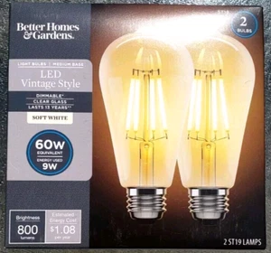 Better Homes & Gardens ST19 LED Vintage Light Bulb 60W 2-Pk Dimmable Soft White - Picture 1 of 3